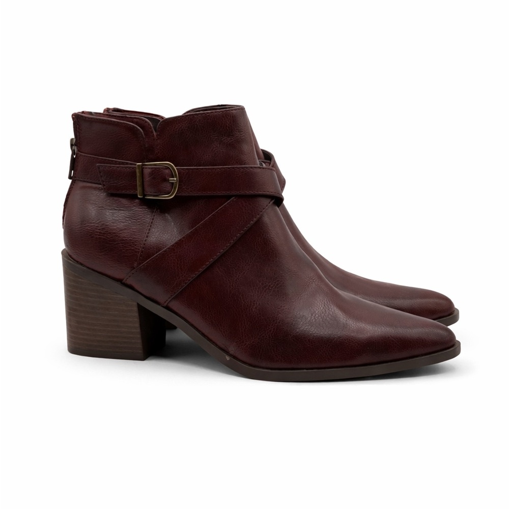 Frye & Co Women’s Vegan Leather Ankle Booties Buckle Block Heel Redwood 9.5 - Picture 2 of 16
